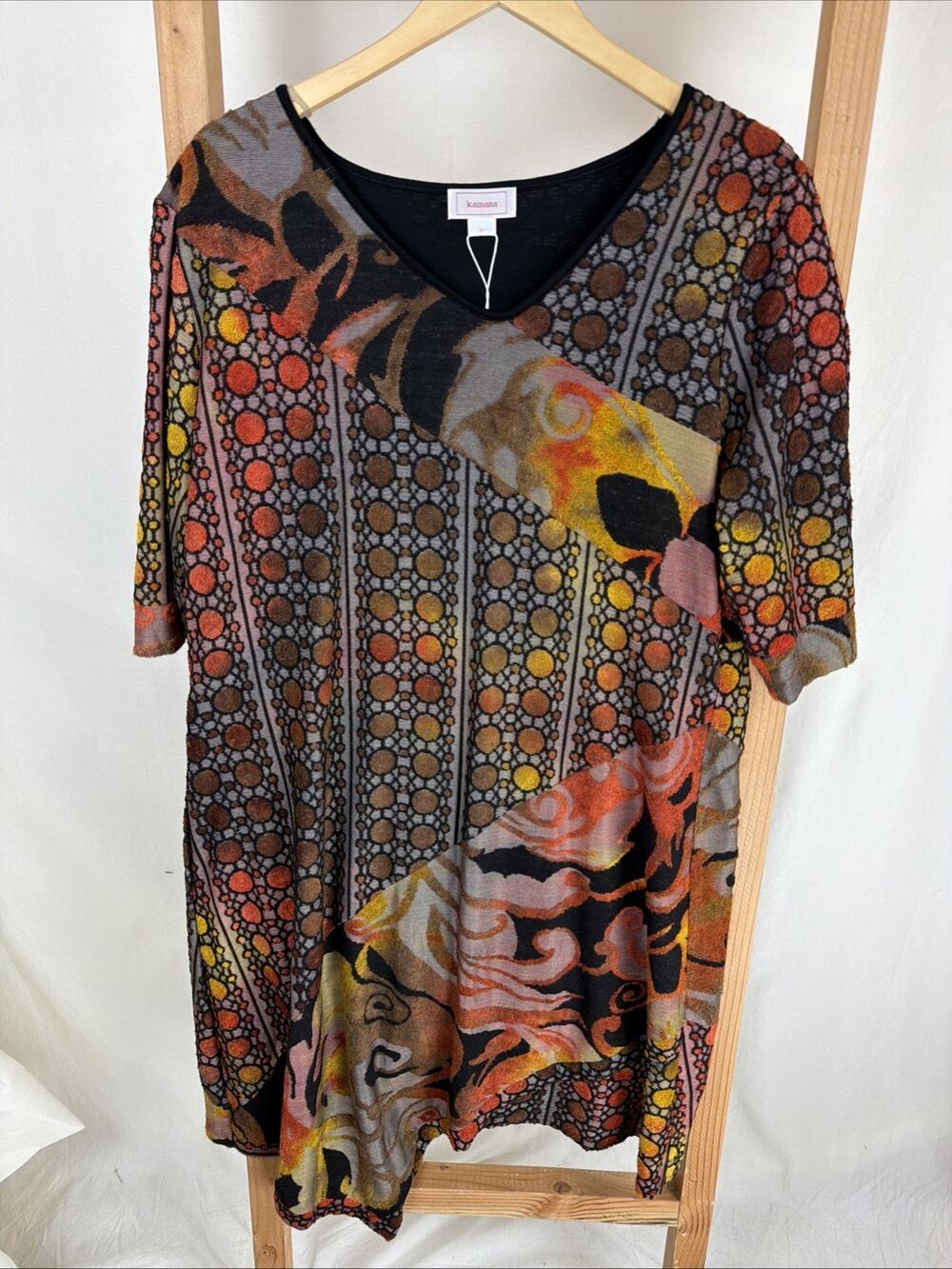 NWT Kamana Multicolored Burn Out Pattern Round Neck Asymmetrical Dress #0961 XL